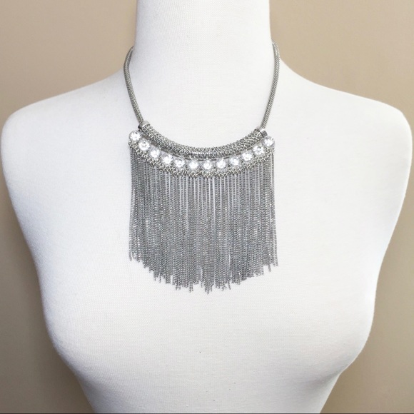 Dramatic Chain Drop Fringe Silver Statement Rhinestone Necklace Earrings Set - Picture 3 of 3